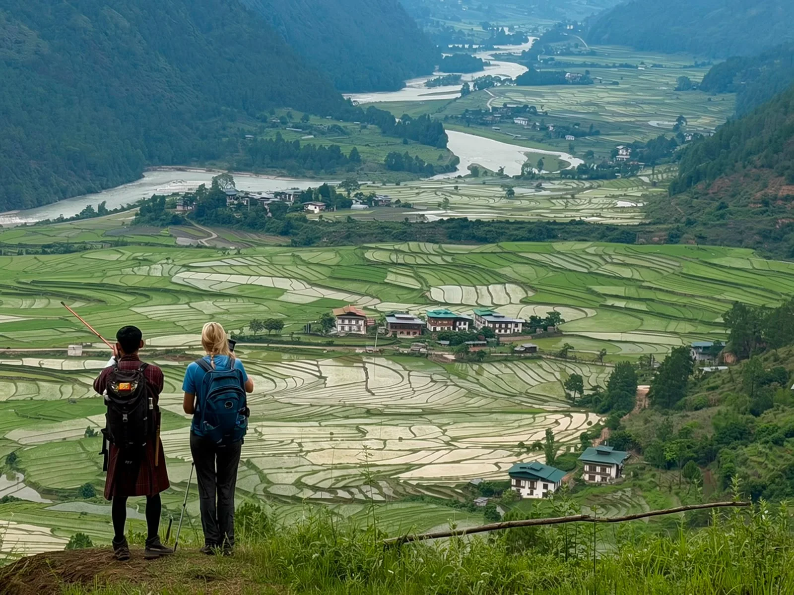 Mountain valley traverse in Bhutan