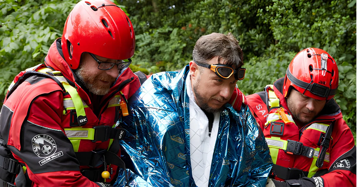 A casualty being supported by a rescue team while wrapped in THERMARMOUR thermal protection